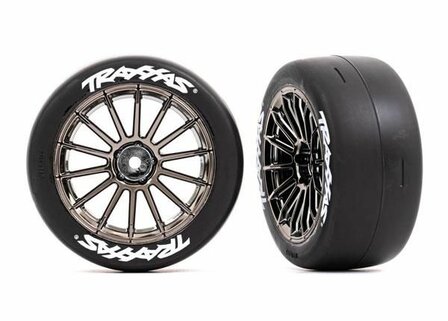 Traxxas Tires And Wheels, Assembled, Glued (multi-spoke Black Chrome Wheels, 2.0&#039; Slick Tires With  Logo, Foam Inserts) (front) (2) (vxl Rated) - 9374R
