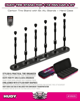 Hudy Carbon Tire Stand 6x + Hard Case - 1/12 Pan Car &amp; 1/12 Gt - 105035