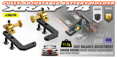 XRAY T4 Graphite + Brass Fully Adjustable Battery Holder - 306194