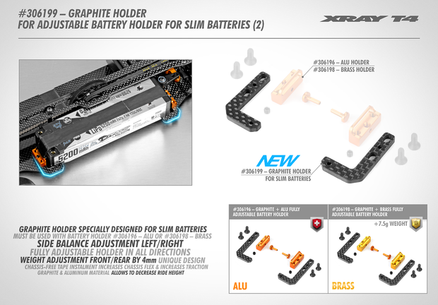 Xray GRAPHITE HOLDER FOR ADJ. BATTERY HOLDER FOR SLIM BATTERIES (2) - 306199