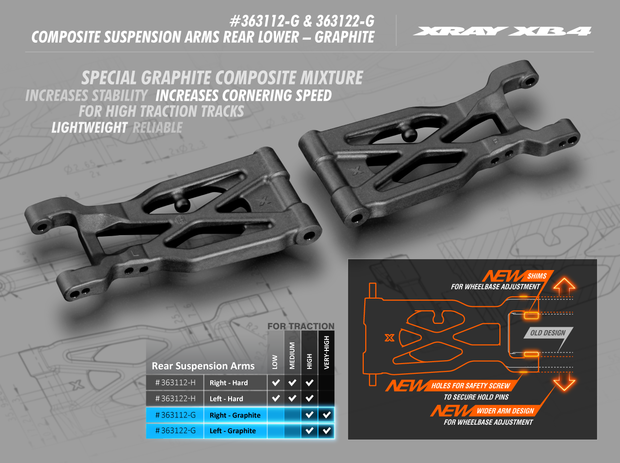 XRAY Composite Suspension Arm Rear Lower Right - Graphite - 363112-G