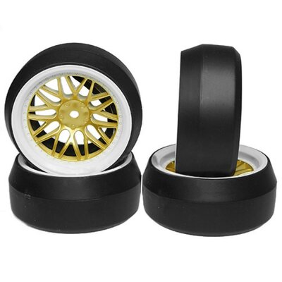 Yeah Racing Spec D LS Wheel Offset +6 with Tire for 1/10 Drift (White/Gold, 4pcs)